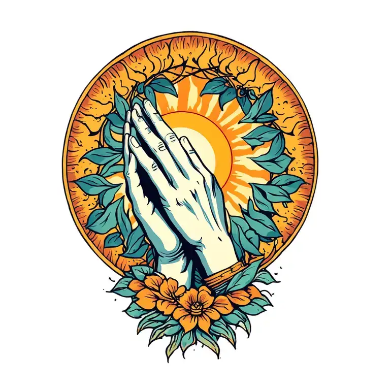 praying hands with sun rising tattoo design idea