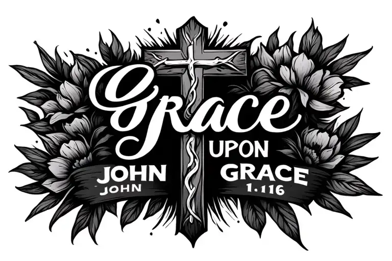 Cross tattoo with the words Grace upon Grace on the bottom bit and John 1:16 as the horizontal bit tattoo design idea