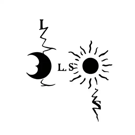 A moon and a sun divided by a crackling lightning bolt, with the letters L L L S S  tattoo design idea