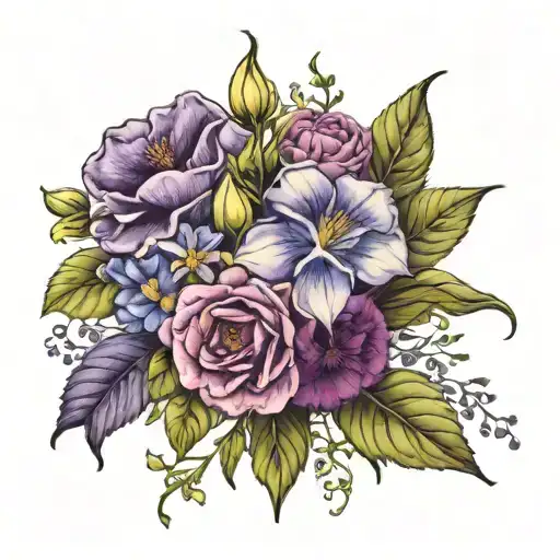 Bouquet of flowers, Snow drop, Rose, morning glory, Poppy, Violet, primrose, peony, marigold, Aster, morning glory tattoo design idea
