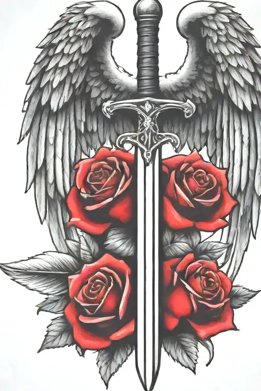 angel wings behind a sword, roses tattoo design idea