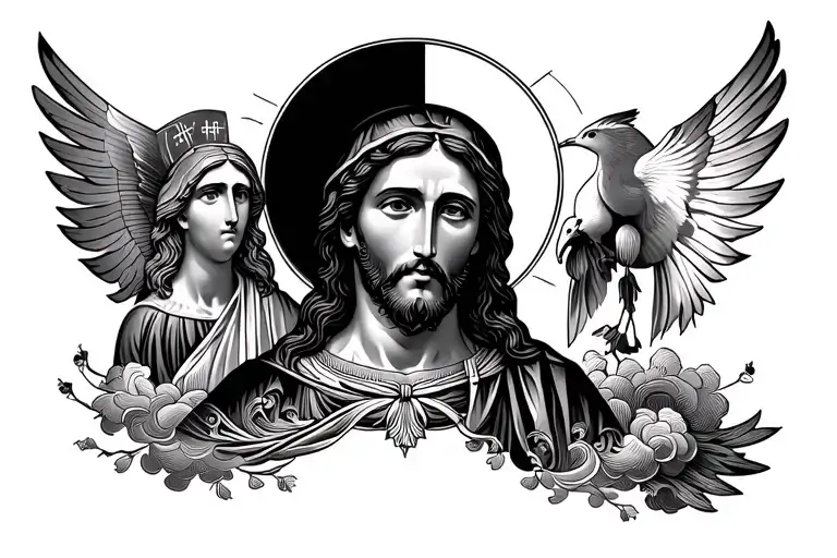 Blackwork chest tattoo, Orthodox skyline, Jesus center, Mary left, dove right, filigree & clouds, no color tattoo design idea