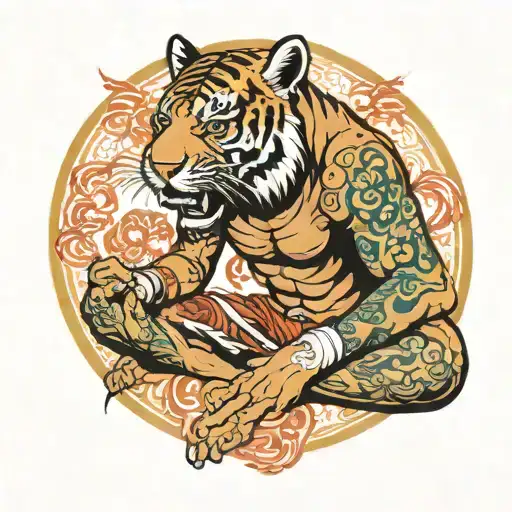 a Thai boxer praying with the soul of a tiger coming out of his back from the front tattoo design idea