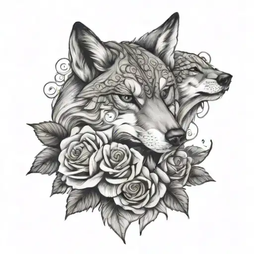 she-wolf protecting her cub hidden behind roses with lace tattoo design idea