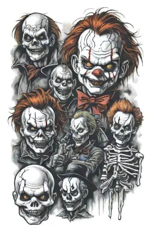 I would like a Halloween themed sleeve that includes chucky, Freddy Kruger, Jason, Jack skeleton and pennywise tattoo design idea