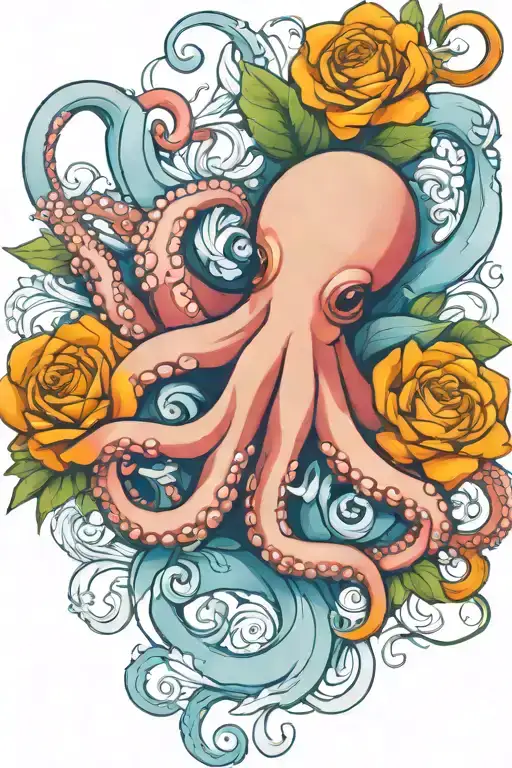 octopus, white snowdrop, rose,  marigold flower tattoo design idea