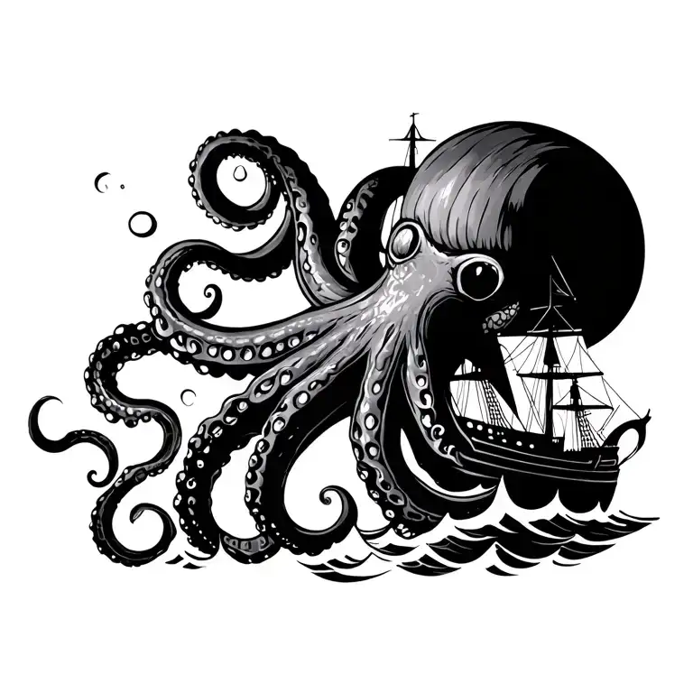 Giant Octopus with a clipper ship in stormy seas. tattoo design idea