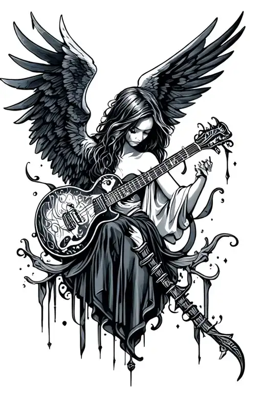 metal music , gothic, dark academia themed tattoo featuring , dark angel tattoo design idea
