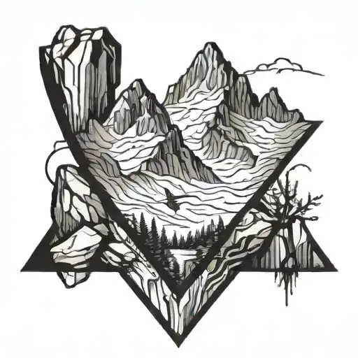 A unique blackwork tattoo of a mountain peak with a hidden image of a smith forging a knife in the shadow of the rocks tattoo design idea