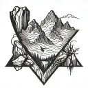 A unique blackwork tattoo of a mountain peak with a hidden image of a smith forging a knife in the shadow of the rocks tattoo design idea