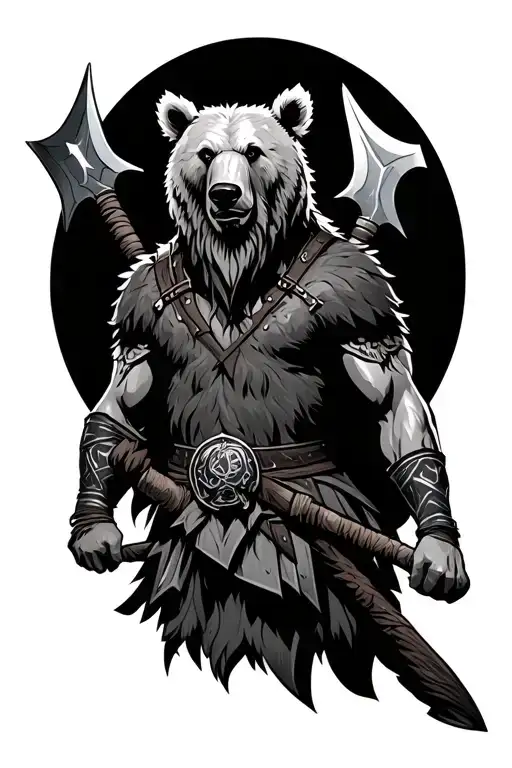 Druid warrior athletic man with a bear's head with double axes tattoo design idea