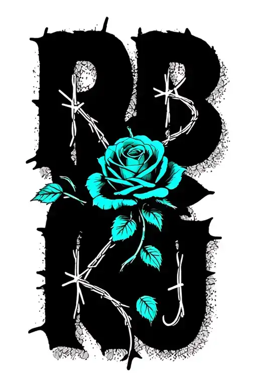 "RB ; KJ" teal rose wrapped in barbed wire tattoo design idea