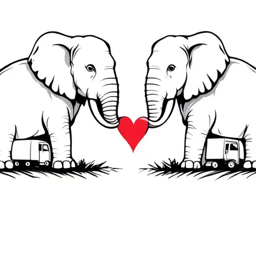 two elephants facing each other with their trucks holding a heart tattoo design idea