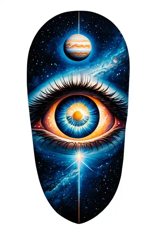 3rd eye with seven archangel sigil in the pupil, adding the planet jupiter in the background in a galaxy.  tattoo design idea
