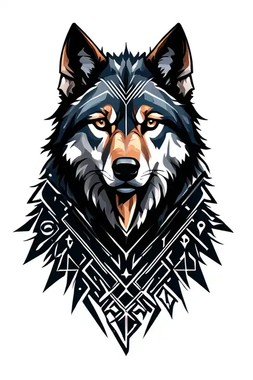 wolf with runes tattoo design idea