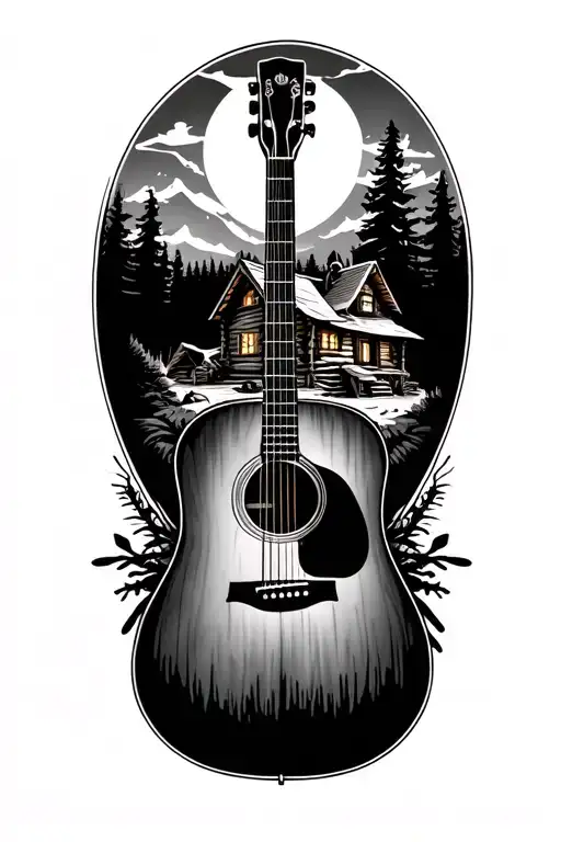 accoustic guitar surrounded by log cabin scene inside tattoo design idea