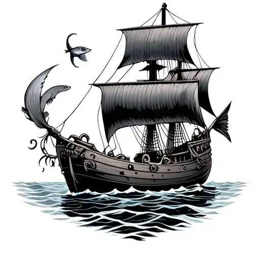 sunken ship with treasure and fish tattoo design idea