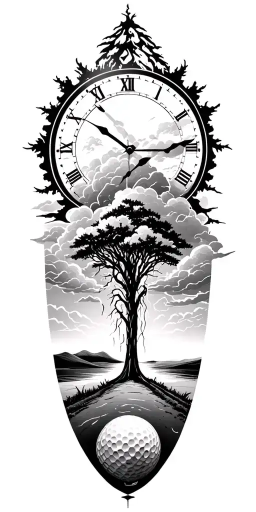 lightining storm and time and nature and golf course tattoo design idea