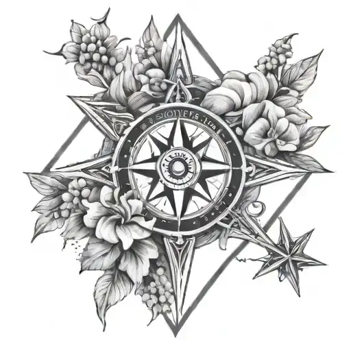 Shield, Star, Compass pointing west, heather flowers tattoo design idea