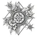 Shield, Star, Compass pointing west, heather flowers tattoo design idea
