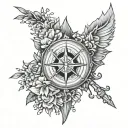 Shield, Star, Compass pointing west, heather flowers tattoo design idea