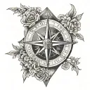 Shield, Star, Compass pointing west, heather flowers tattoo design idea