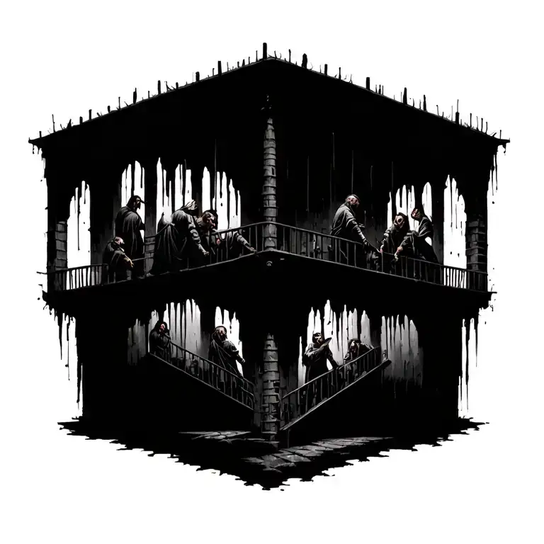 The most dark and evil prison spiral tower that wouldn’t even exist in hell. Prisoners in each cell in pain, anguish  tattoo design idea