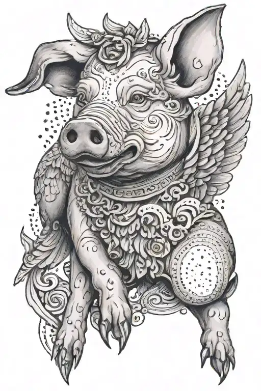 A pig in the arms of a winged dog tattoo design idea