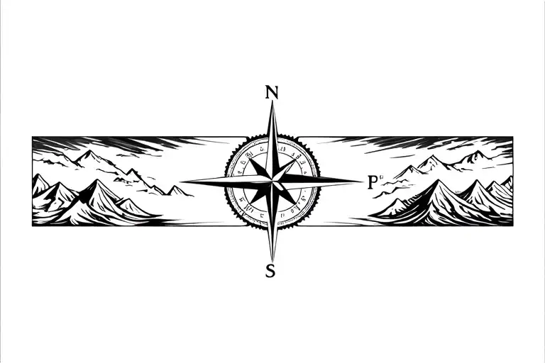 large compass with long north point surrounded by intricate geometric moutains and waves. grayscale.  tattoo design idea