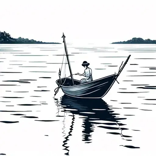 vietnamese fishing boat in the distance in calm water with a woman sitting in it with nothing in the background tattoo design idea