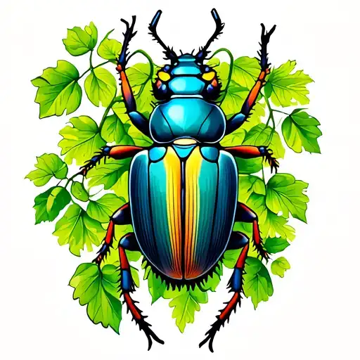 Realism tattoo design. A detailed, lifelike beetle sitting in a bed of vines, with more vines and leaves flowing above a tattoo design idea