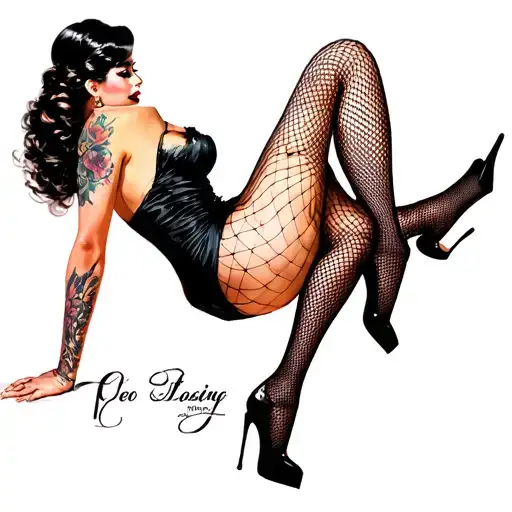 pin-up girl wearing black fishnet stockings, black dress, back turned tattoo design idea