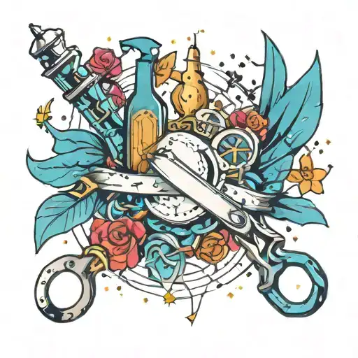 A constellation of love-themed symbols intertwined with pharmacy tools tattoo design idea