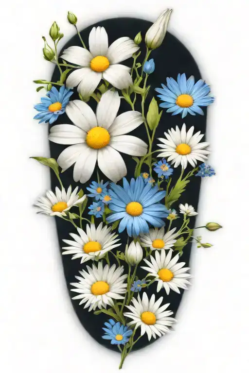 an intricate boquet of white daisys, blue cosmos flowers, and a lot of space between the flowers  tattoo design idea