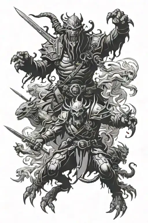 D&D monsters attacking towards a silhouette player  tattoo design idea
