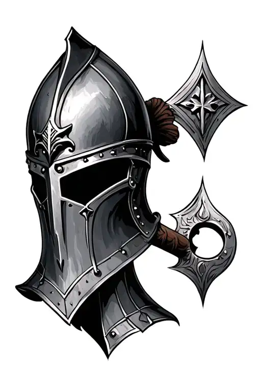 Crusader Helmet with Weapons transformed tattoo design idea