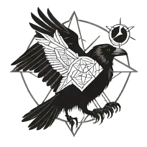 A geometric design featuring a Wiccan pentagram and elements of a crow and a dog tattoo design idea