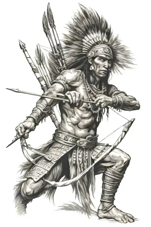 Indian ancient warrior holding bow arrows pointing tattoo design idea