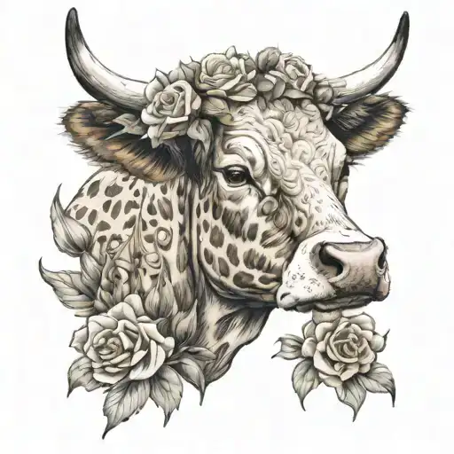 A tattoo of a brown cow wearing a flower crown made out of tiger lilies roses and pansies , highly detailed tattoo design idea