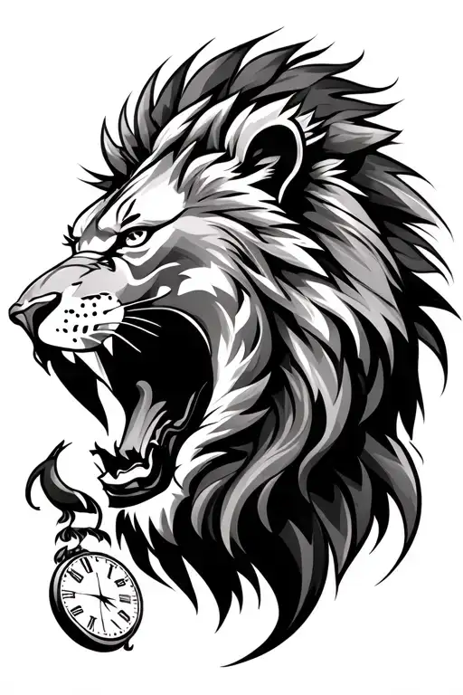 tribal lion has bite clock inside his mouth and surrounded with polynesians tattoo design idea