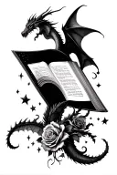 upside down book with falling pages, dragons, velaris, stars, roses, batwings tattoo design idea