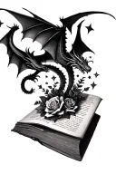 upside down book with falling pages, dragons, velaris, stars, roses, batwings tattoo design idea