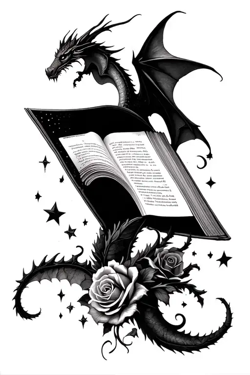 upside down book with falling pages, dragons, velaris, stars, roses, batwings tattoo design idea