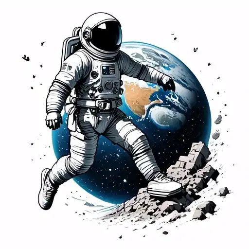 astronaut jumping from a crumbling planet symbolizing leap of faith into marriage and new beginnings moving to Houston  tattoo design idea