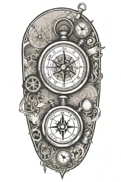 stopwatch and compass with scroll with map background tattoo design idea
