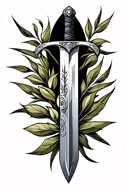 long sword mix with olive brance symbolize balance between strength and emotion tattoo design idea