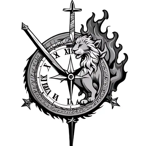 Clock with lion on fire in it with a half cross half sword and a compass Means the lord will fight your battles  tattoo design idea