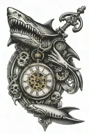 shark tooth, skeleton key, mechanical pocket watch together tattoo design idea