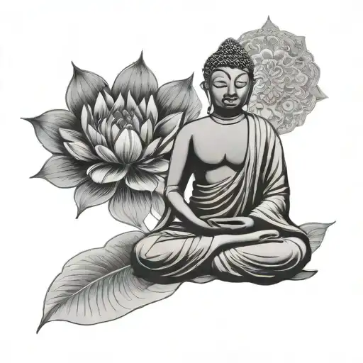 Buddha sitting cross legged pose holding lotus flower. add a large mandala background. tattoo design idea