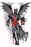 Mothman protecting a lantern in his arms. black grey red tattoo design idea